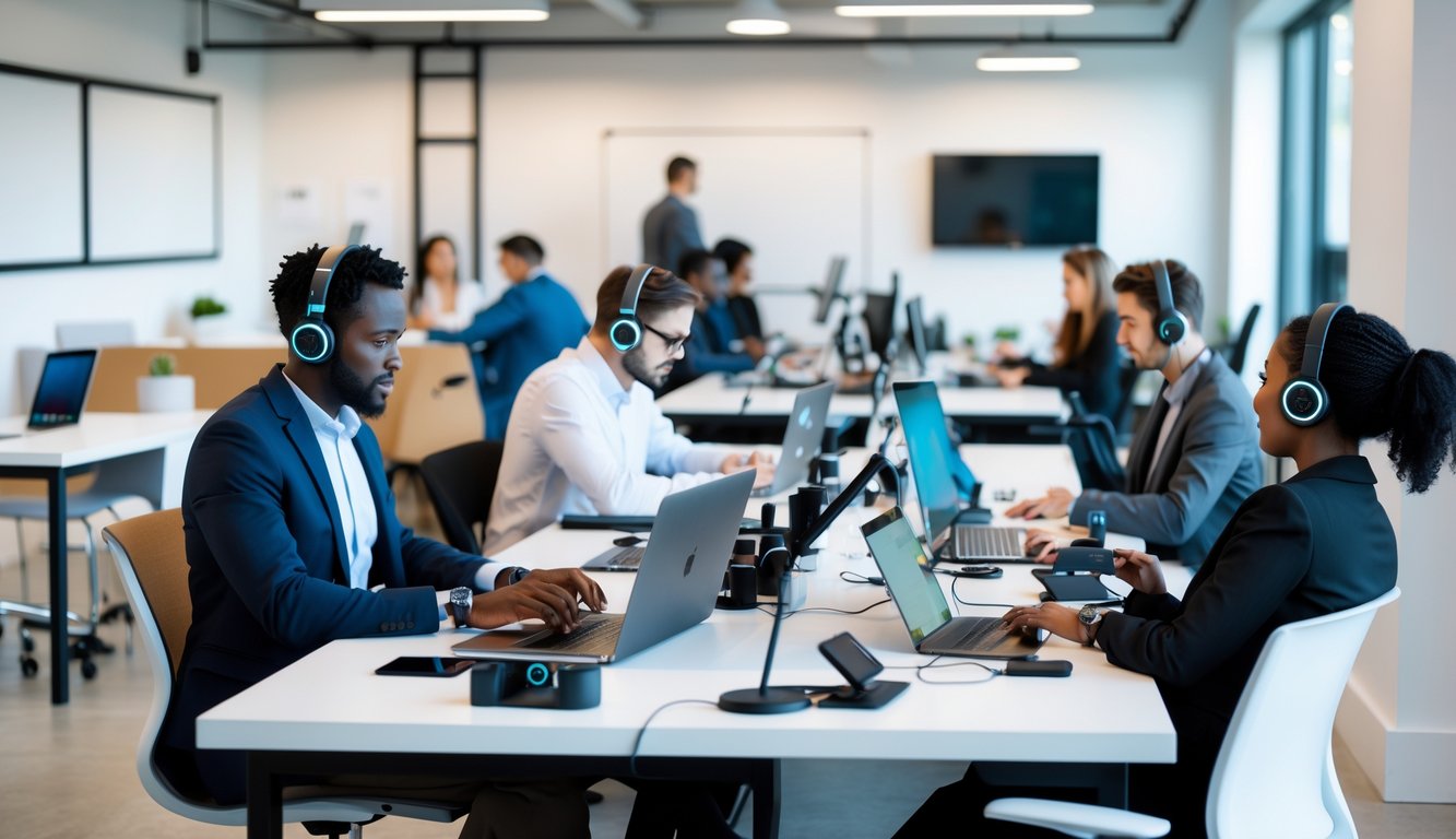 People working at desks in a bright coworking space surrounded by laptops, headphones, smartwatches, and other productivity gadgets.