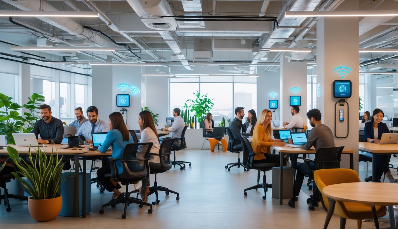A bright coworking space with people working on laptops and using smart devices, showing modern technology integrated into the environment.