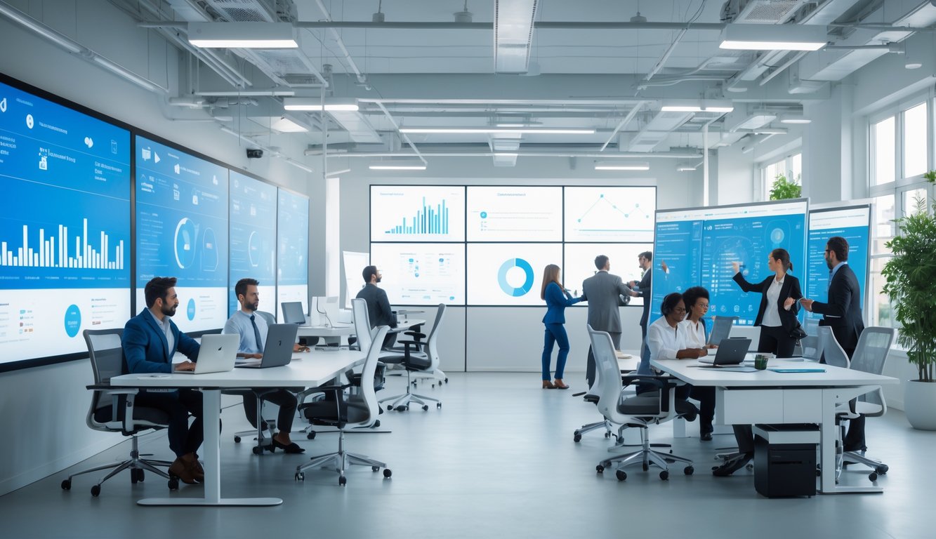 A modern coworking space with people working on laptops and using smart devices in a bright, open office with large windows and digital screens.