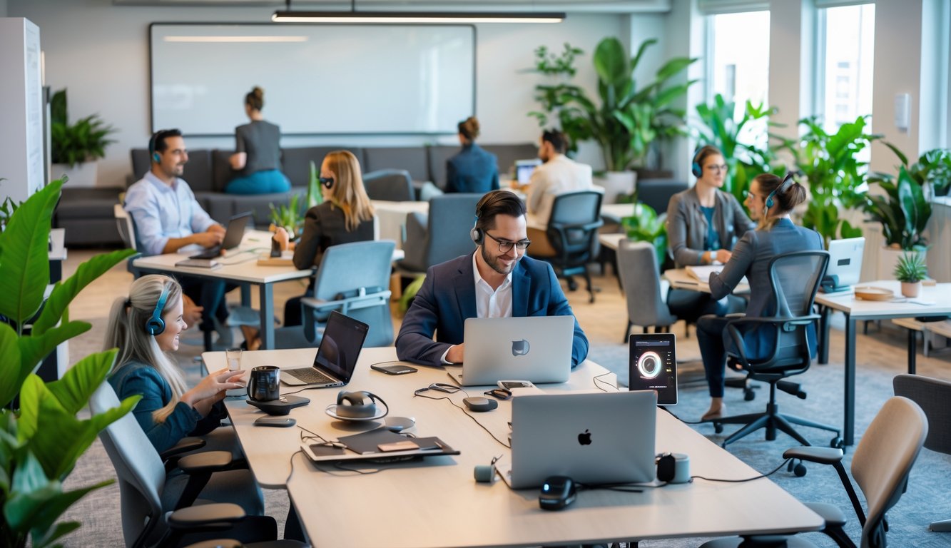 A bright coworking space with people working at desks equipped with modern technology and comfortable seating.