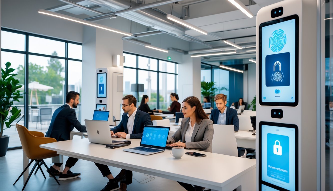 A modern coworking space with people working at desks and advanced security devices like biometric scanners and facial recognition panels integrated into the environment.