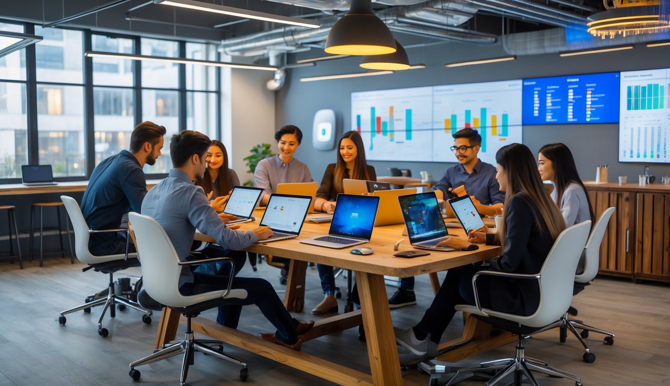 A group of people collaborating around a table in a modern coworking space with laptops and smart devices.