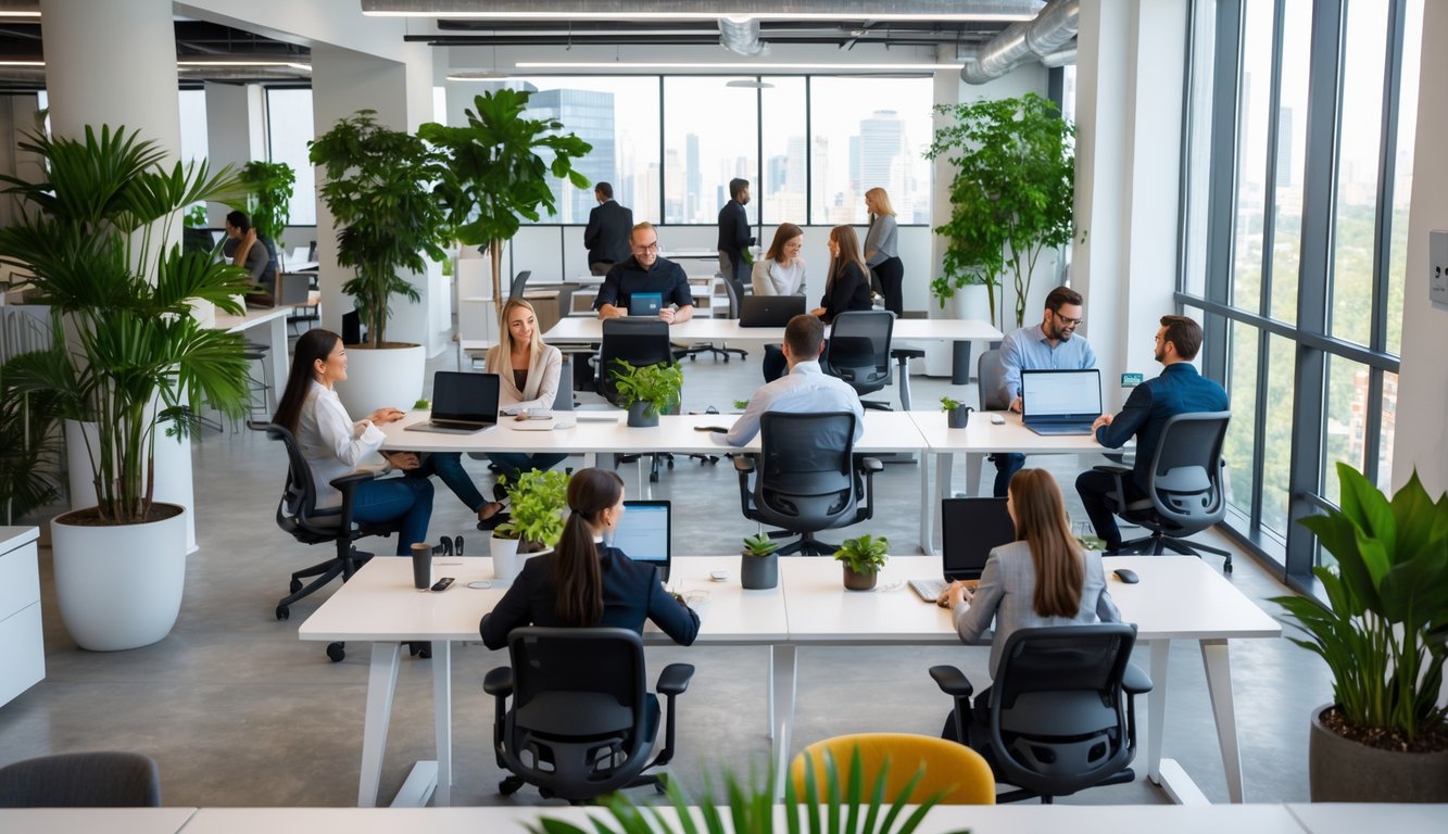 A modern coworking space with people working and collaborating at desks near large windows overlooking a city.