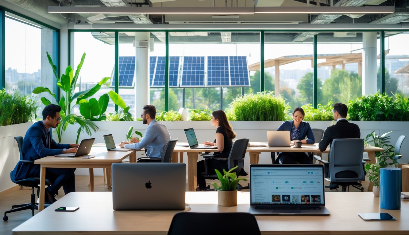 A modern coworking space with people working at desks surrounded by plants and natural light.