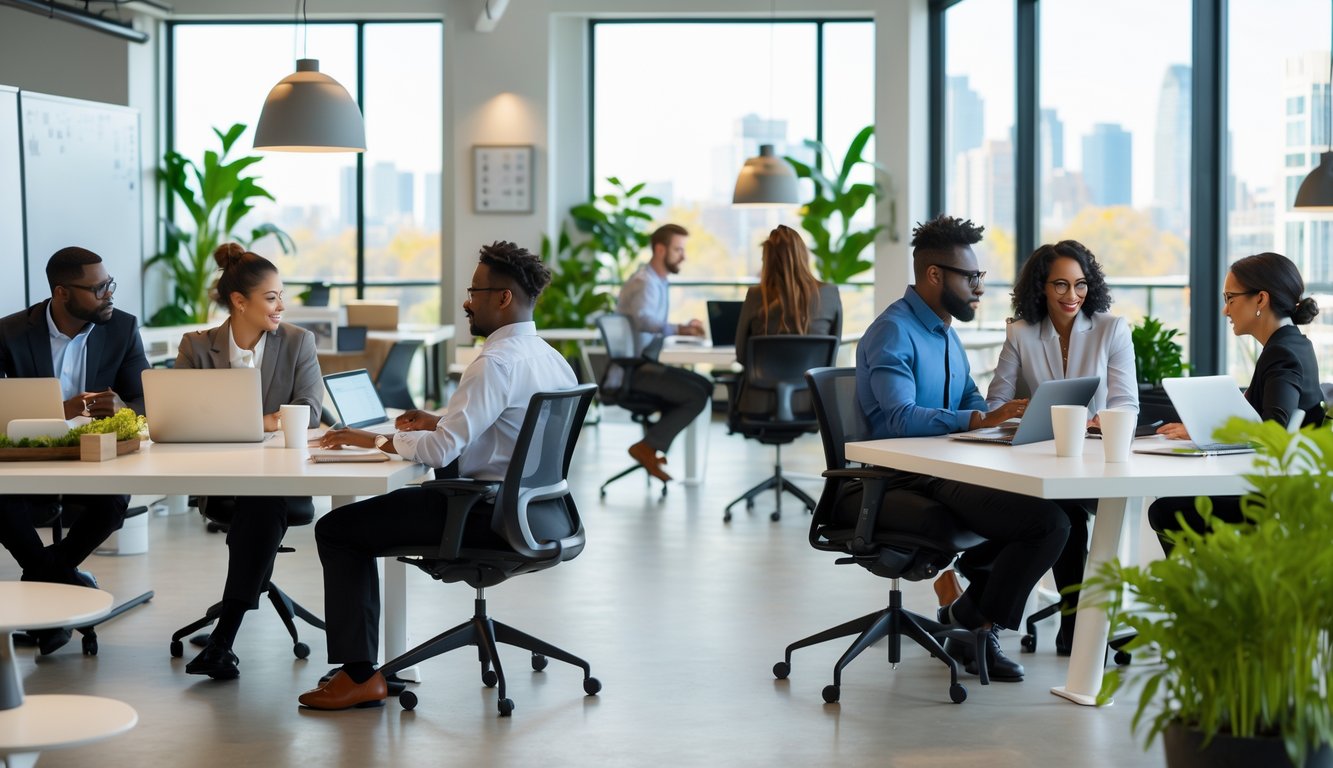 A modern coworking space with people working at desks and collaborating, surrounded by plants and large windows.
