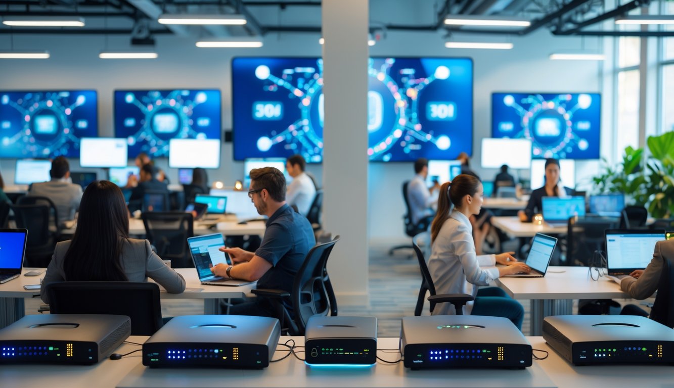 A modern coworking space with people working on laptops and tablets, surrounded by network equipment and large windows letting in natural light.
