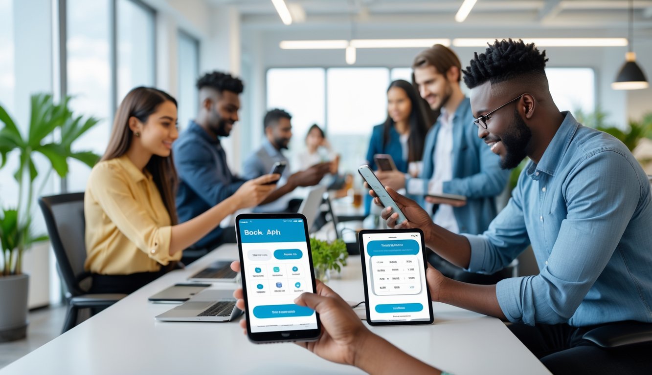 People using smartphones and tablets in a modern coworking space to book and manage workspace reservations.