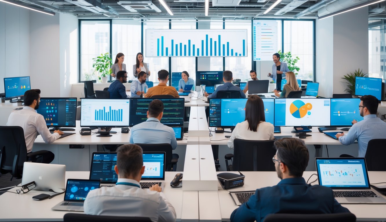 People working on laptops and collaborating in a modern coworking space with visible networking equipment and large windows.