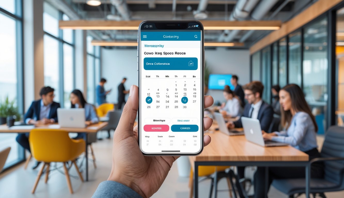 People working in a modern coworking space with one person holding a smartphone showing a booking app for reserving workspace.
