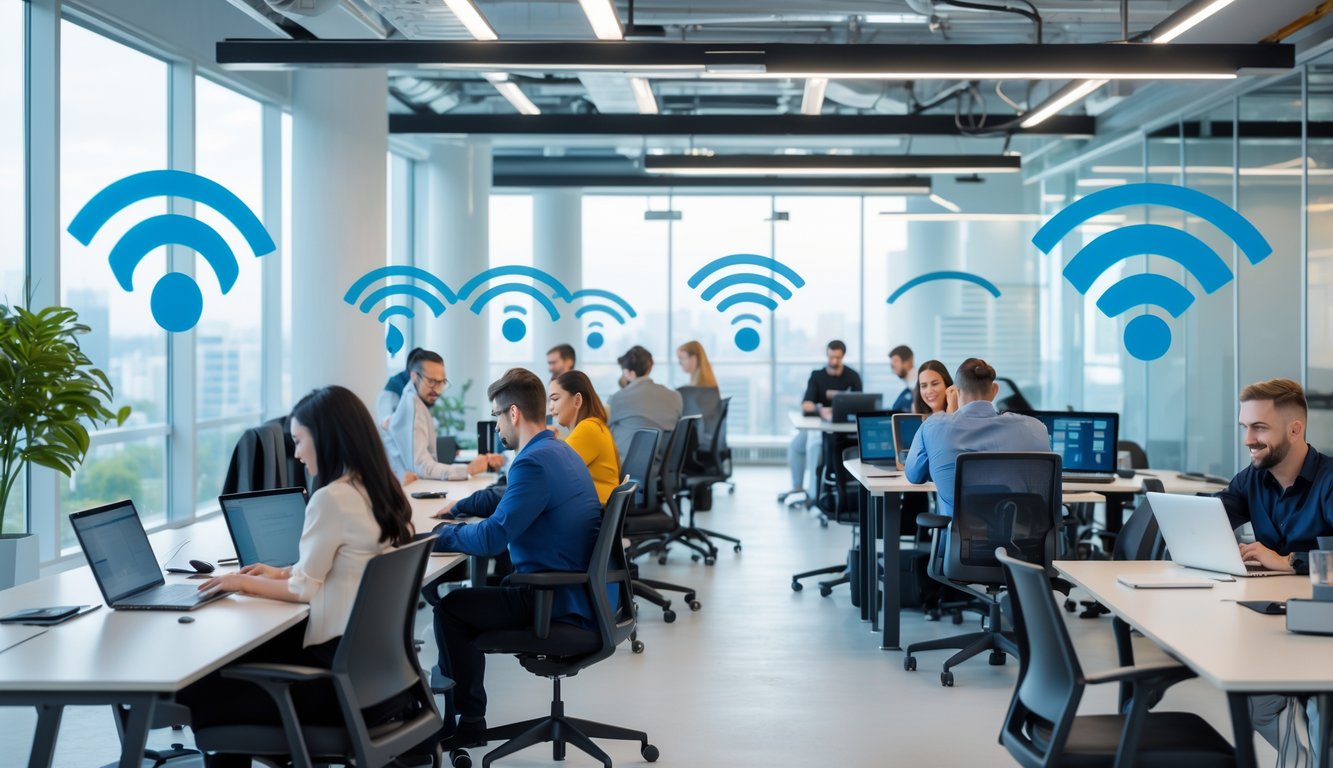 People working on laptops in a bright coworking space with visible network equipment and a collaborative atmosphere.