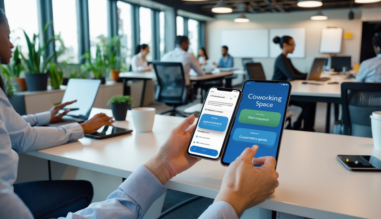 People using smartphones and tablets in a modern coworking space, working and managing reservations.