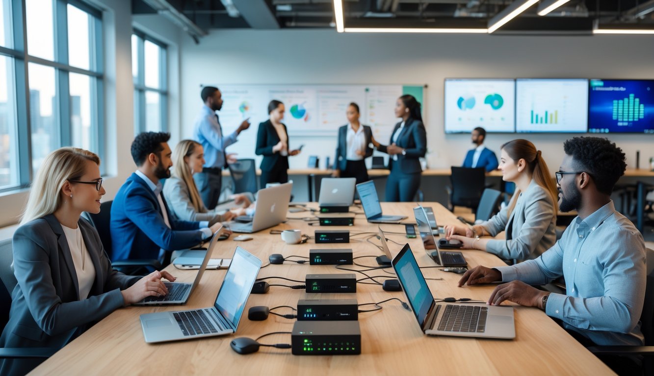 A busy coworking space with diverse professionals working on laptops and devices, collaborating and communicating in a bright, modern office.