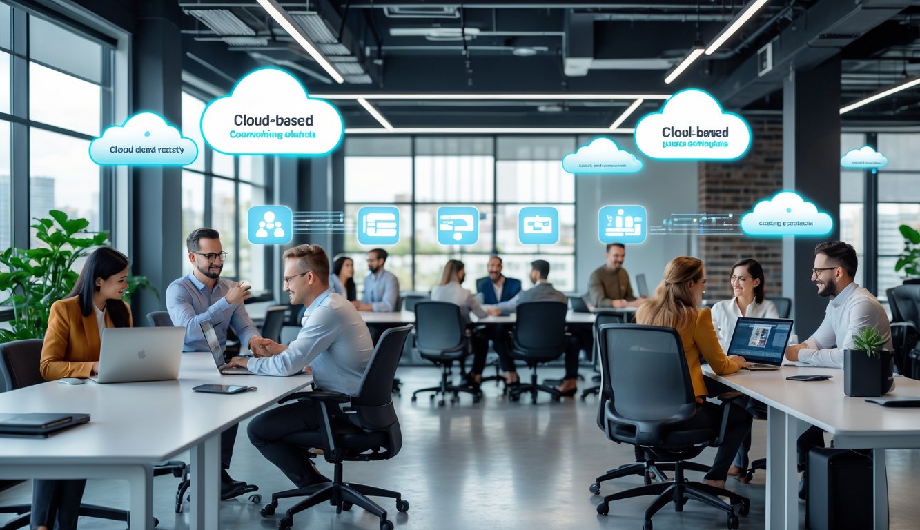 People working and collaborating in a bright coworking space with digital cloud icons floating above them.