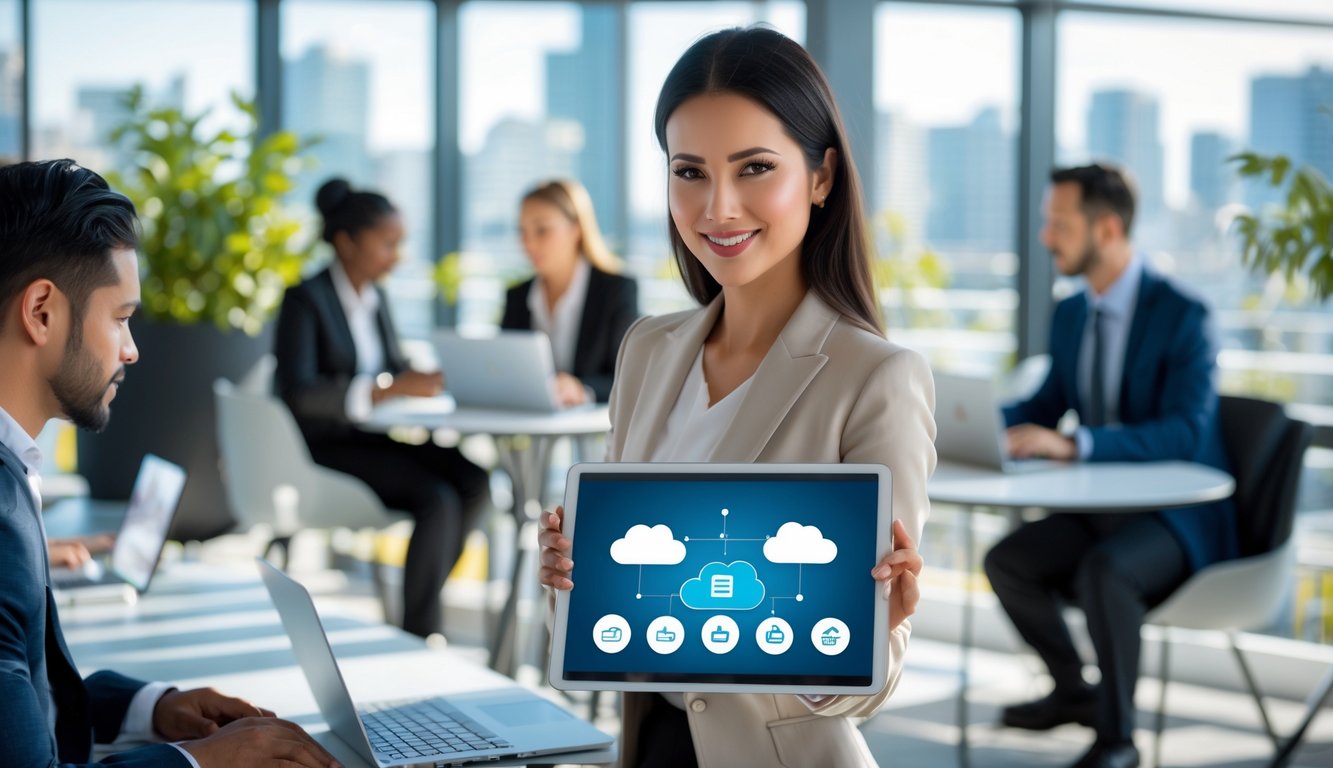 A modern coworking space with people working on laptops and tablets, collaborating in a bright room with large windows.