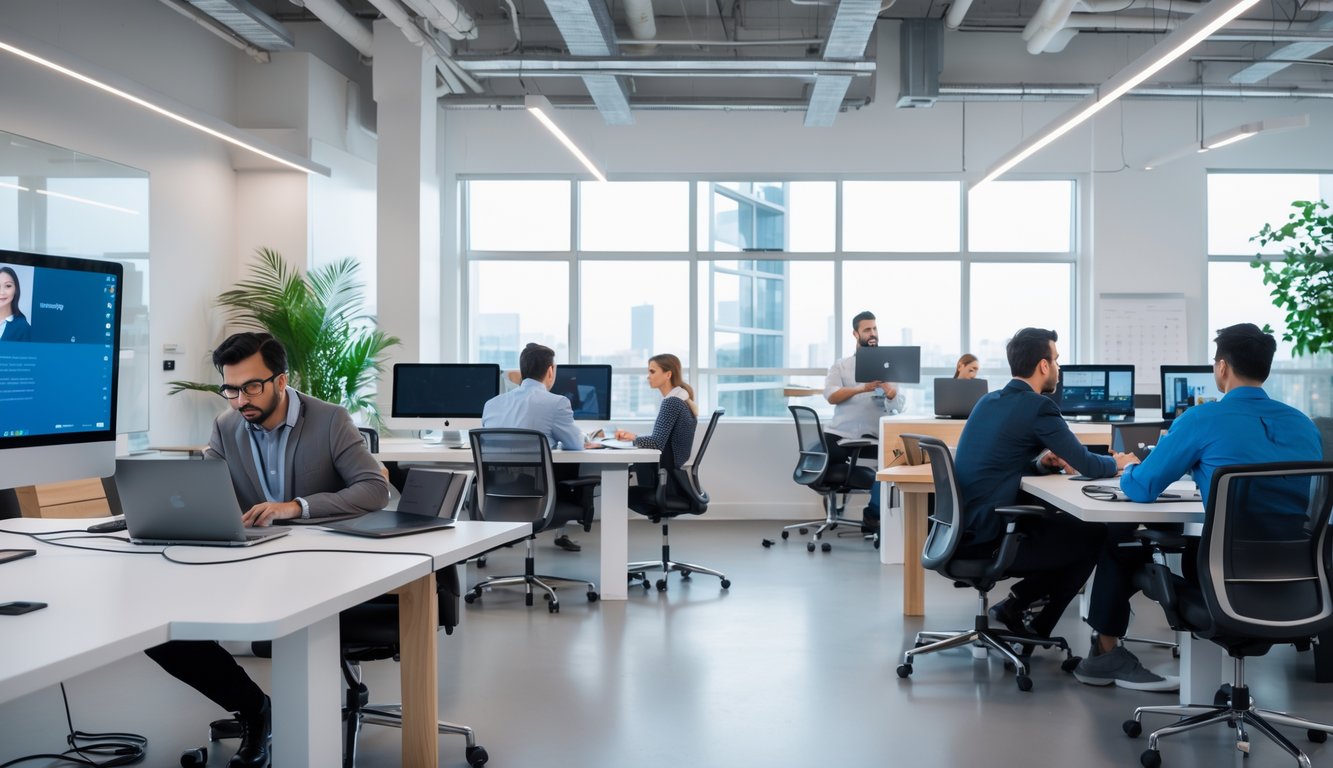 A bright coworking space with people working on laptops and tablets, showing a modern office environment with high-speed internet equipment.