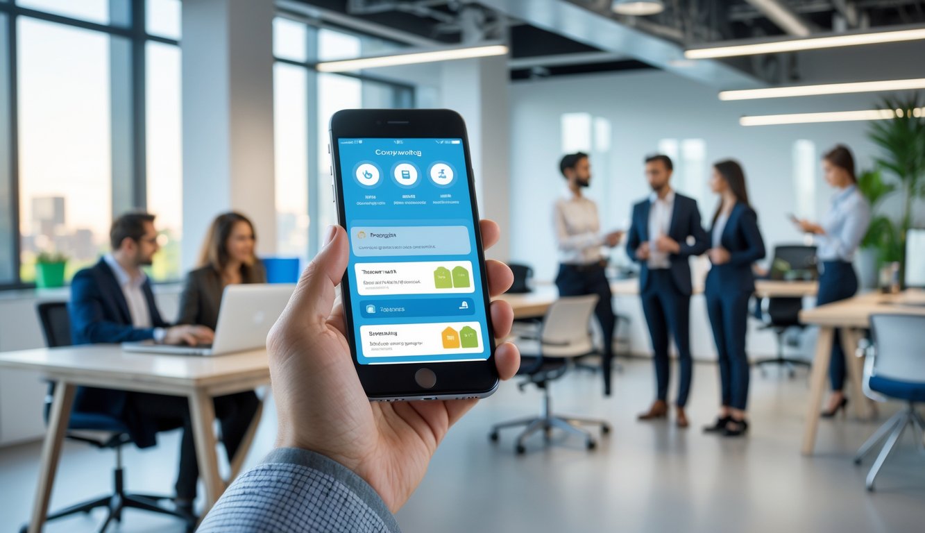 People using smartphones to book and manage coworking space reservations in a modern office setting.