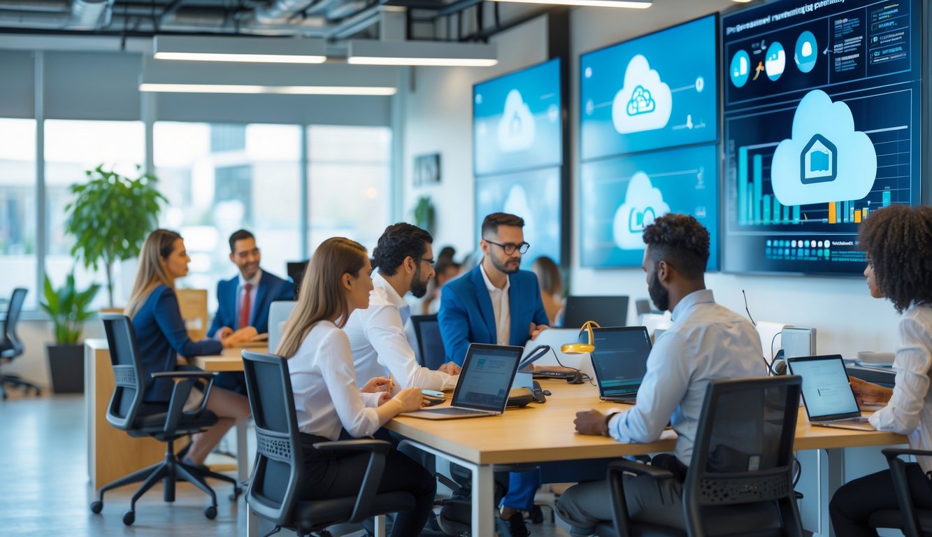 A modern coworking space with people working on laptops and tablets, digital screens showing cloud computing icons, and a bright, open office environment.