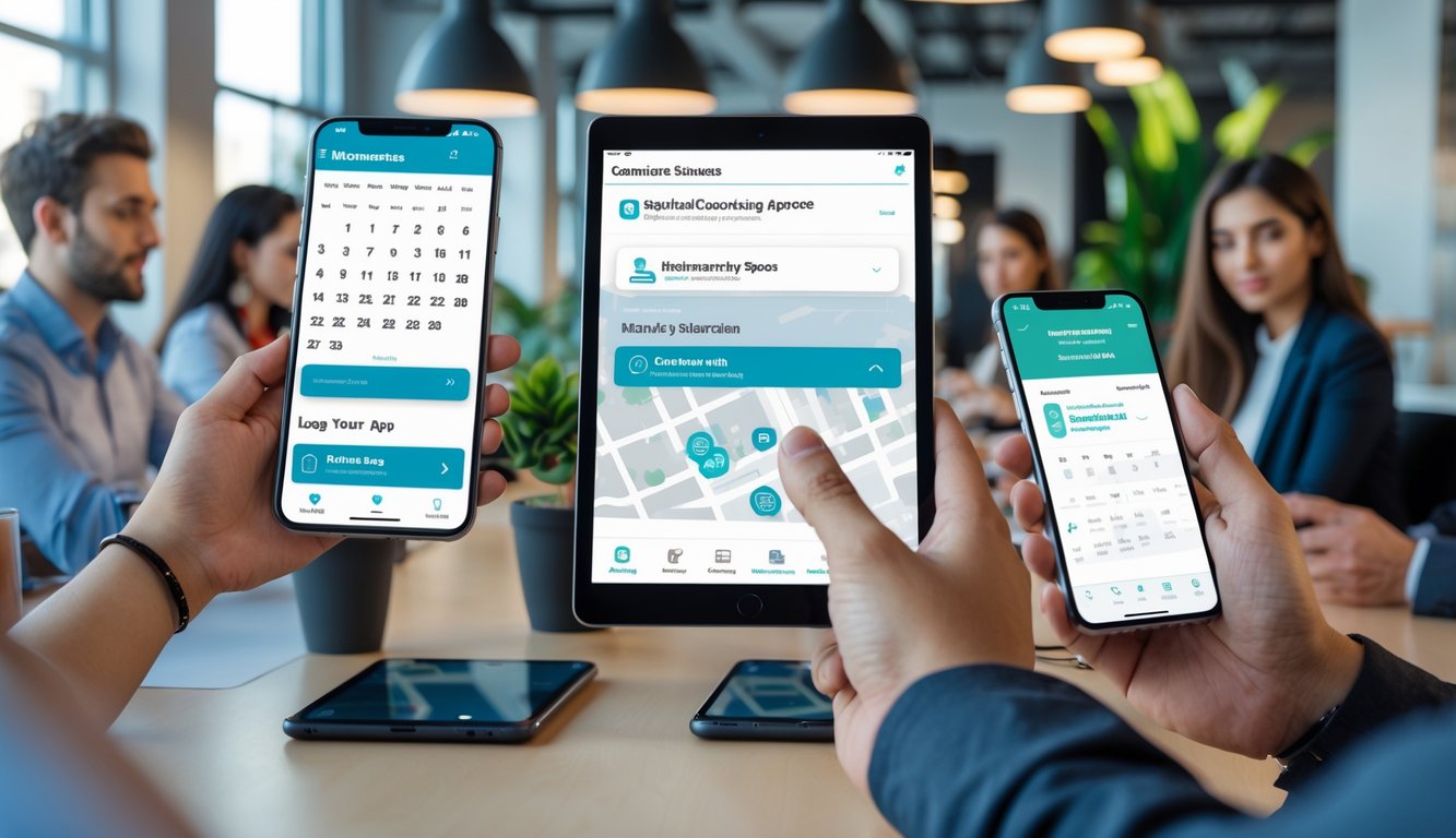 People using smartphones and tablets to book and manage coworking spaces in a modern office setting.