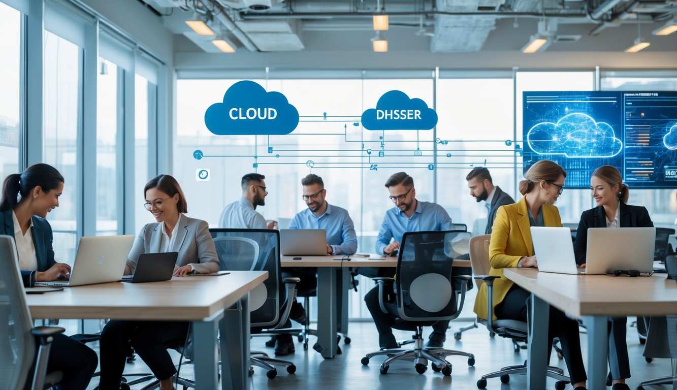 A modern coworking space with people working on laptops and tablets, showing a collaborative office environment.