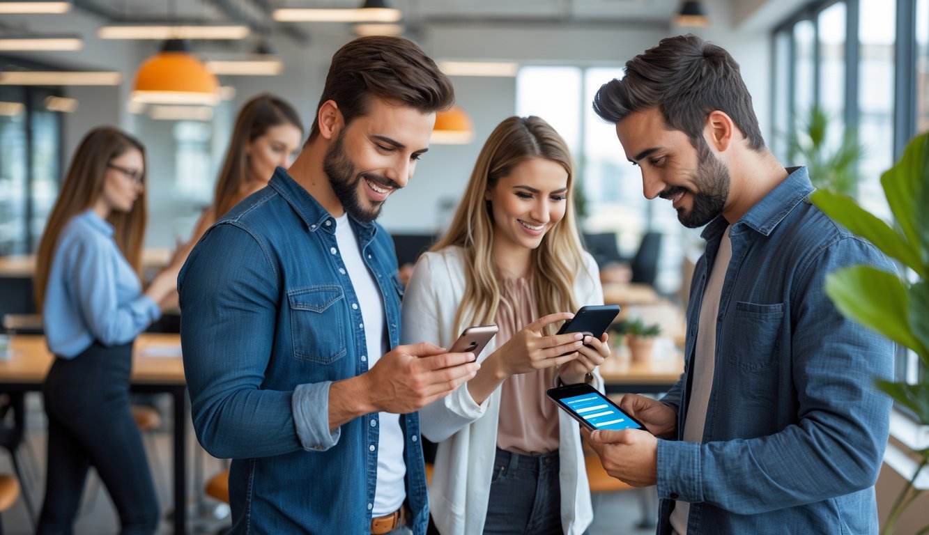 People using smartphones and tablets in a bright coworking space to book and manage reservations.