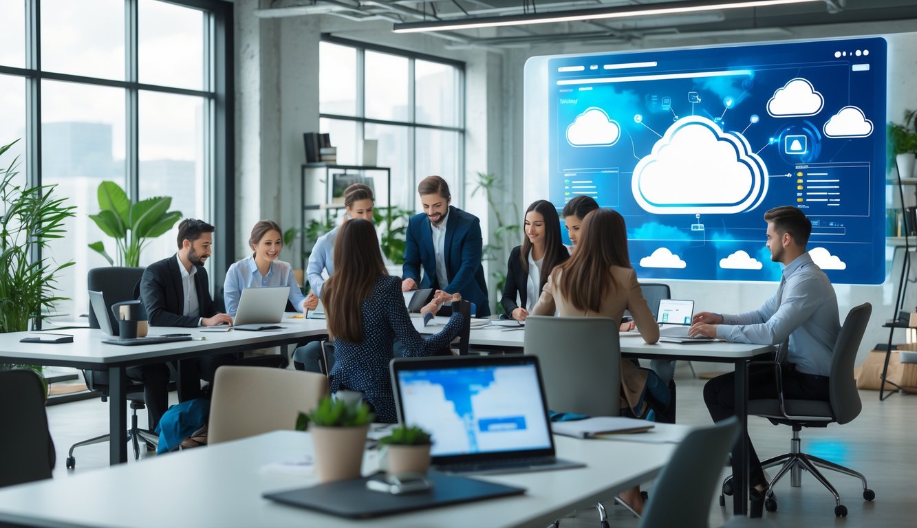A group of young professionals working together in a modern coworking space with laptops and digital screens showing cloud-based software interfaces.