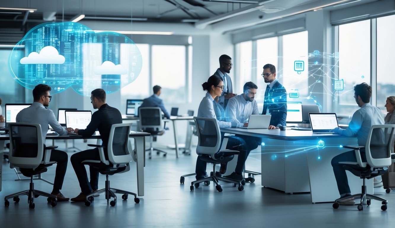 People working together in a modern coworking space with laptops and digital interfaces showing data and connectivity.