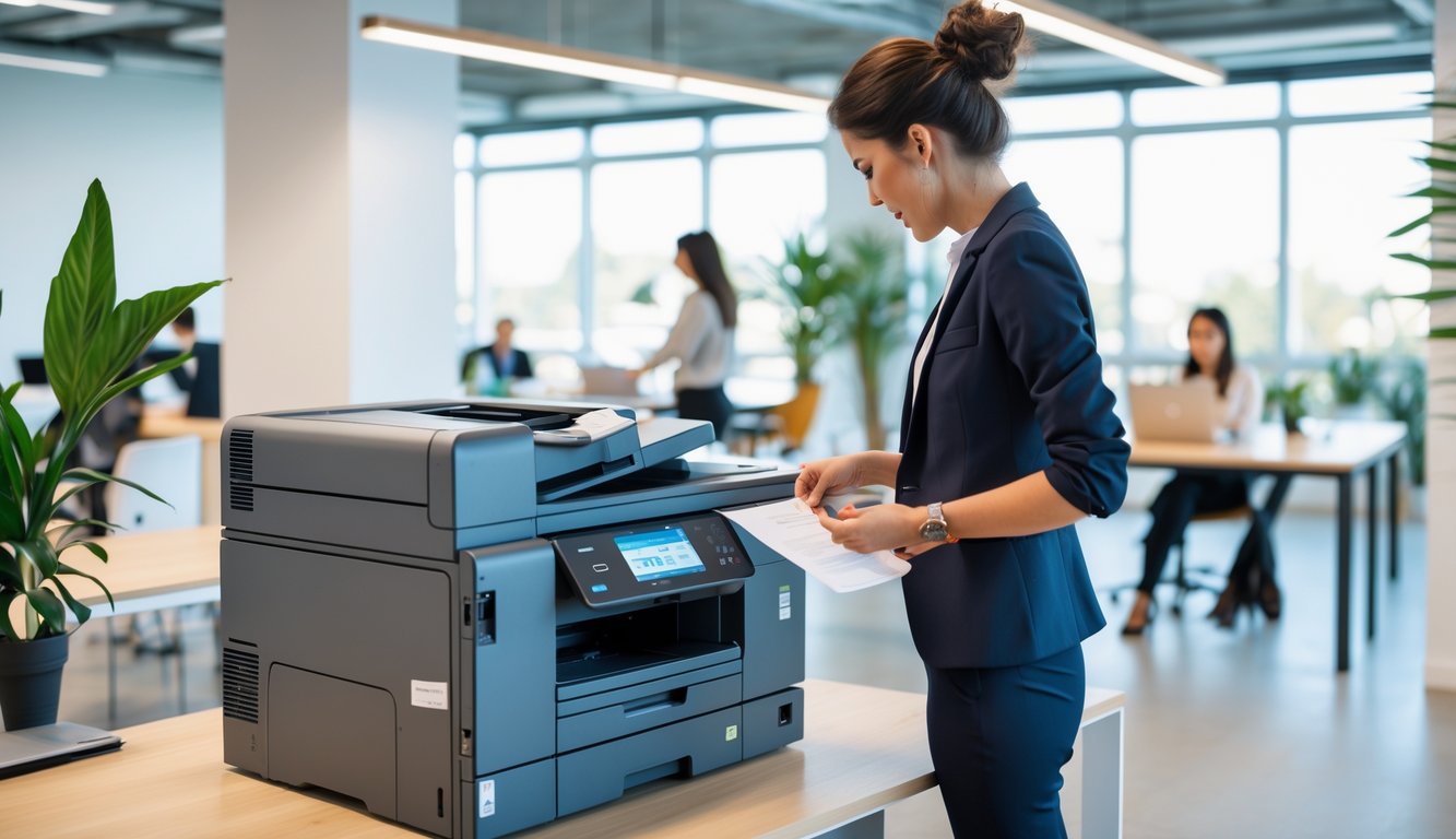 A person using a multifunction printer and scanner in a bright coworking office with desks and people working in the background.