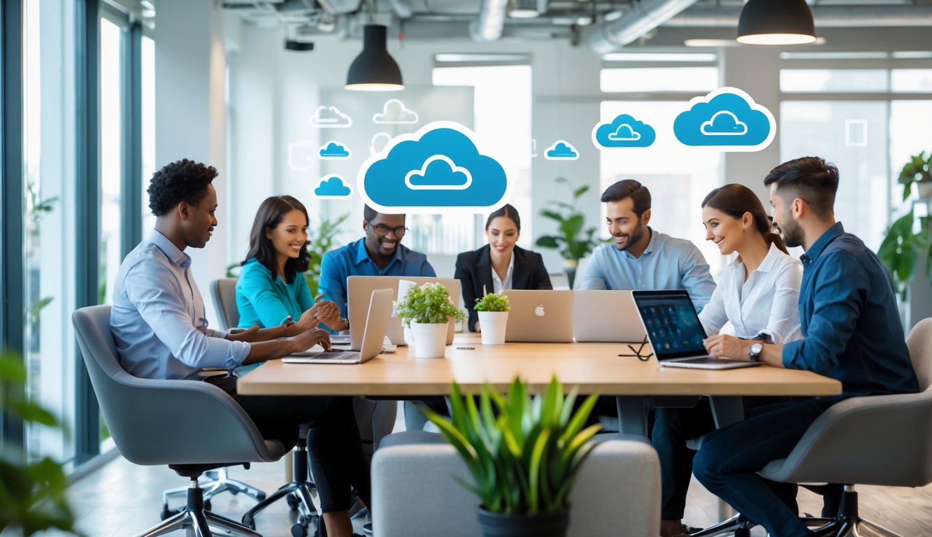 A modern coworking space with diverse professionals working on laptops and tablets, surrounded by desks, chairs, plants, and large windows letting in natural light.