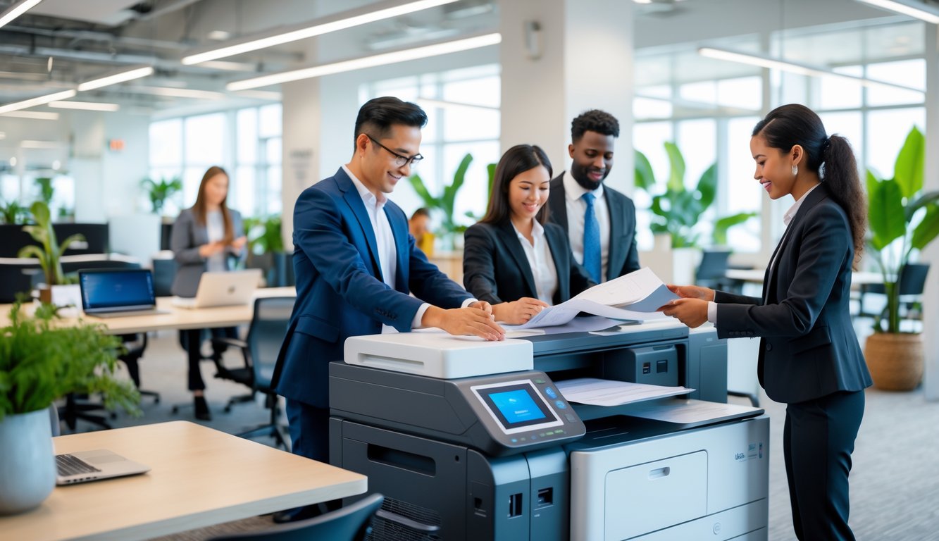 People using a modern printing and scanning station in a bright coworking space with desks and laptops in the background.