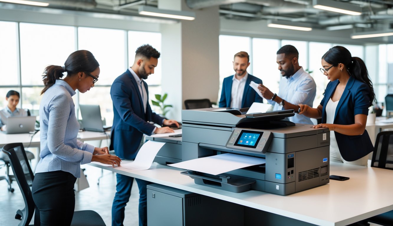 People using a multifunctional printer and scanner in a bright coworking space with desks and laptops.