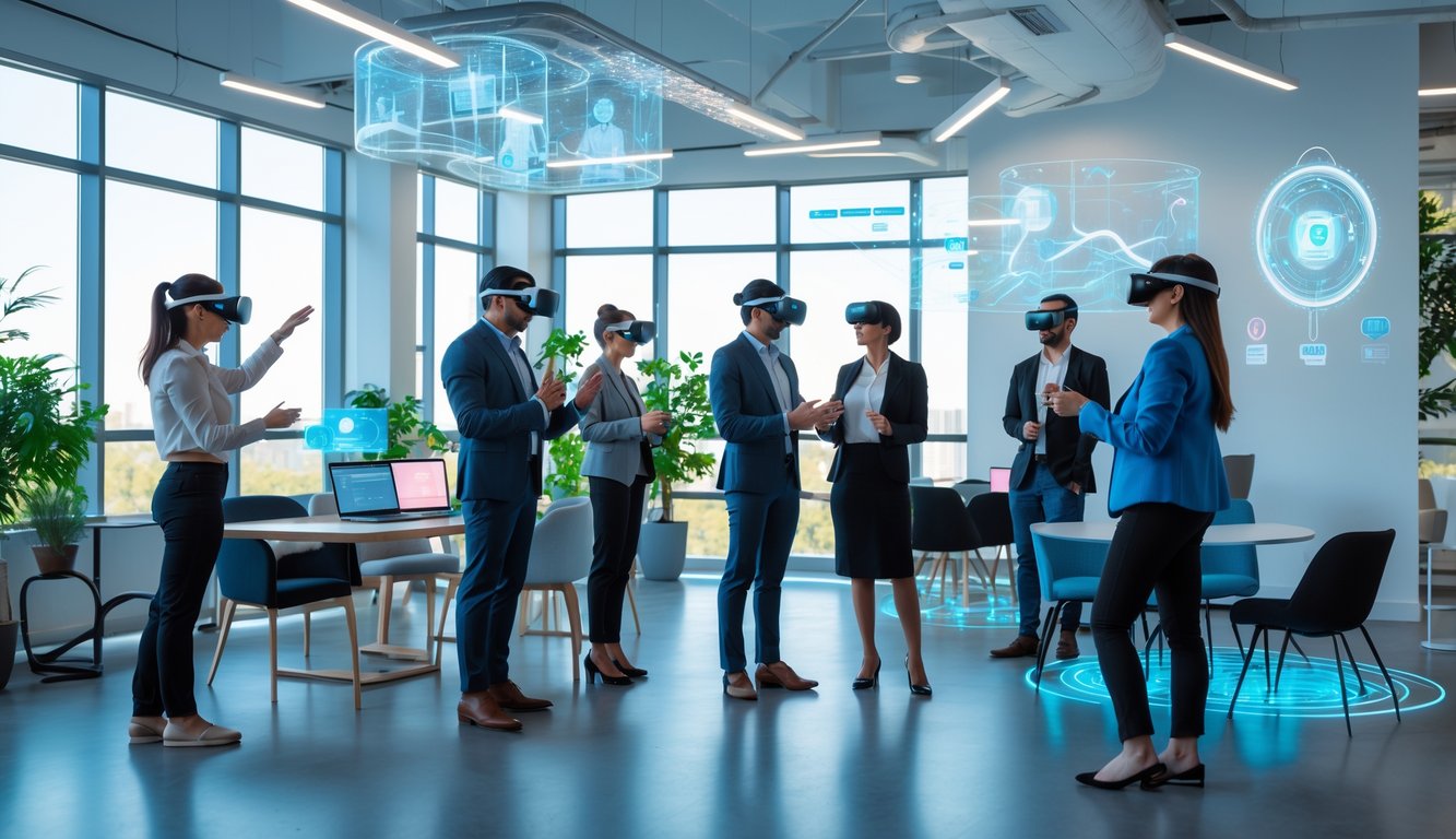 People using virtual reality headsets and augmented reality glasses in a modern coworking space with digital holograms and collaborative work areas.