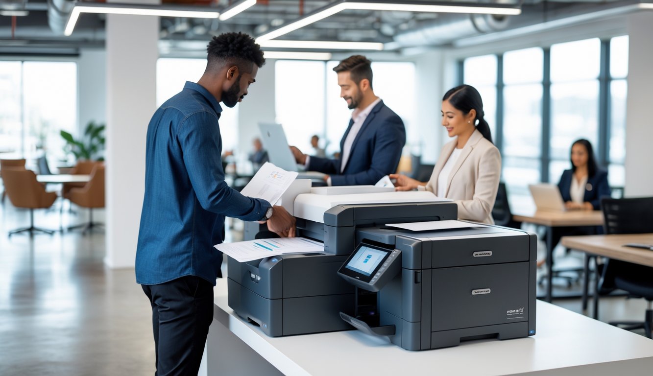 People using a multifunction printer and scanner in a modern coworking space with others working in the background.
