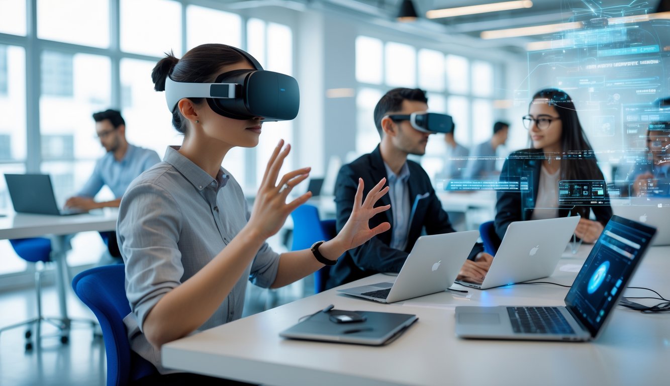 People working together in a modern coworking space using virtual reality headsets and augmented reality glasses with digital displays.