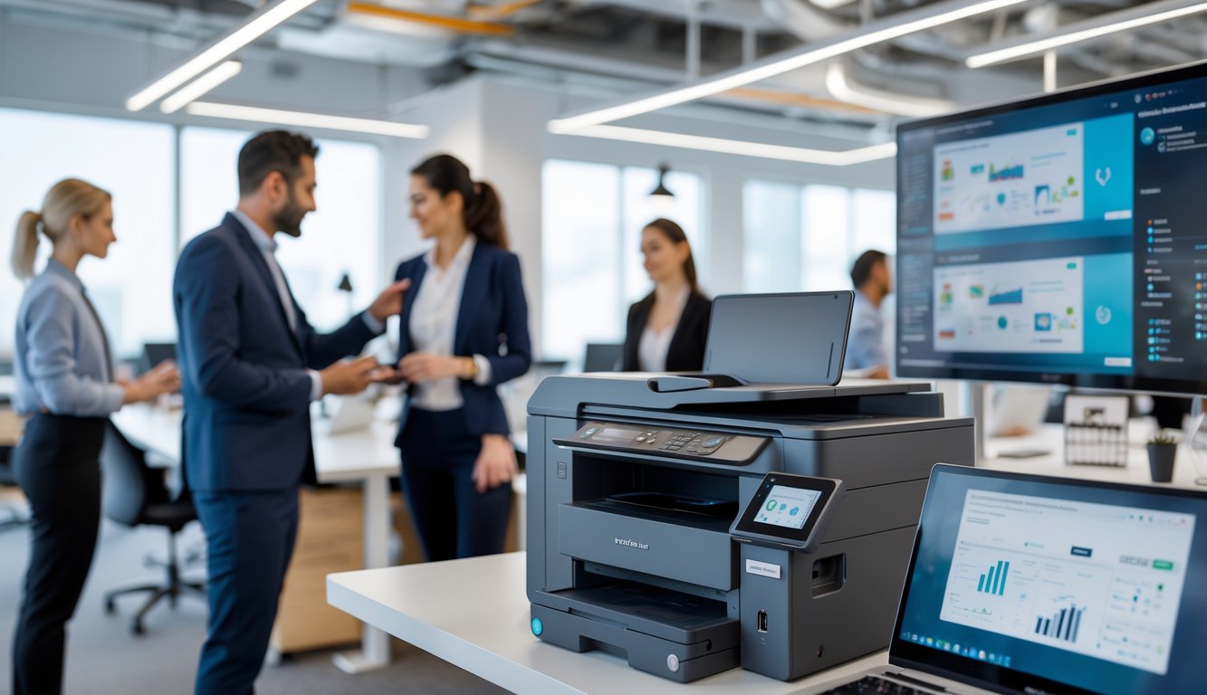 People using a multifunction printer and scanner in a modern coworking space with laptops and digital screens around them.