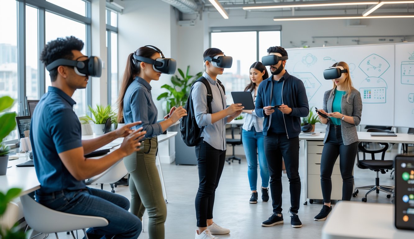 People in a modern coworking space using virtual reality headsets and augmented reality tablets for training and skill development.