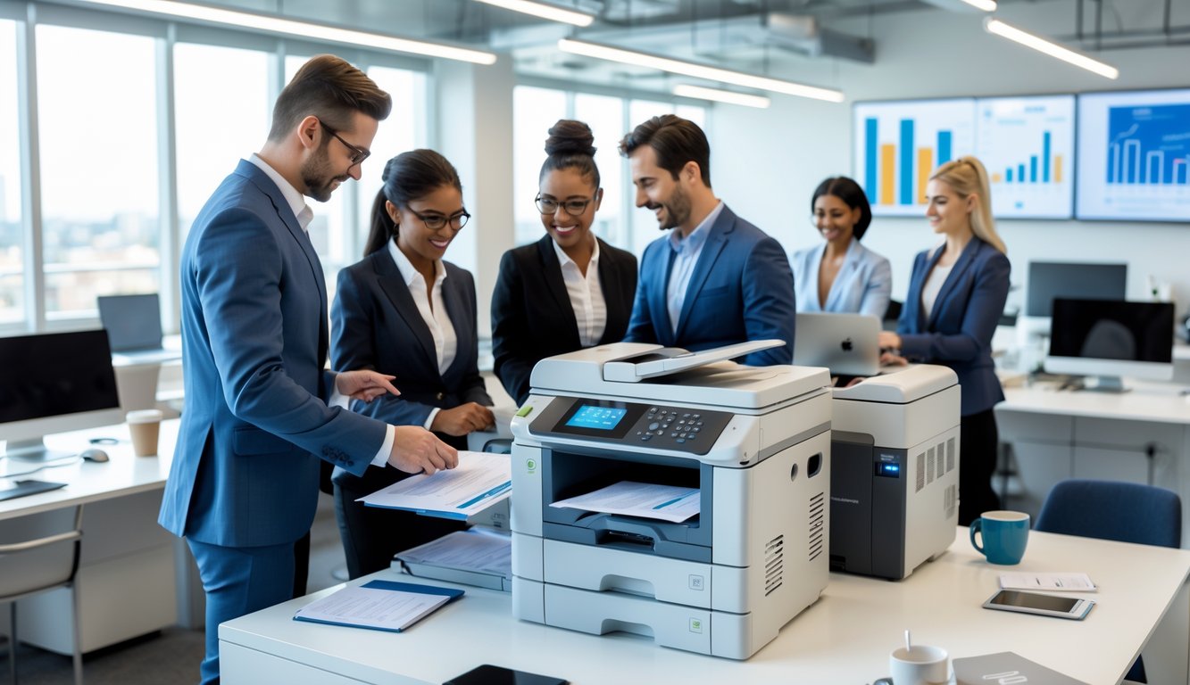 People working together around a printer and scanner in a modern coworking space, reviewing documents and discussing billing strategies.