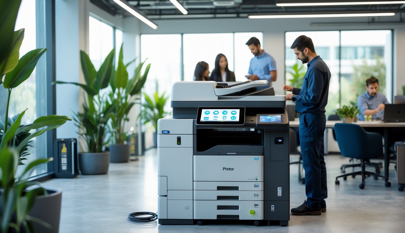 A modern coworking space with professionals using a high-tech printer and scanner station featuring security access, recycling bins, green plants, and a technician maintaining the equipment.
