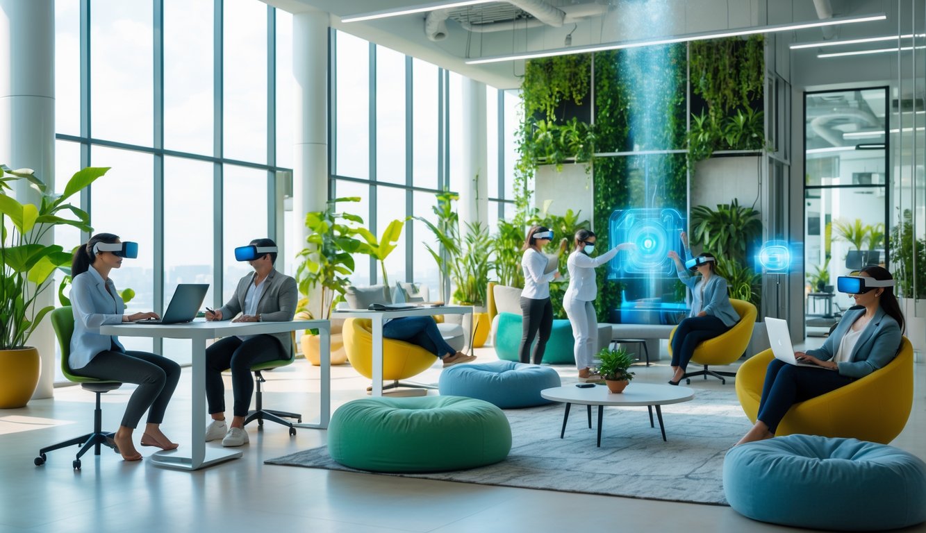 People working in a bright coworking space using virtual and augmented reality devices surrounded by plants and comfortable furniture.