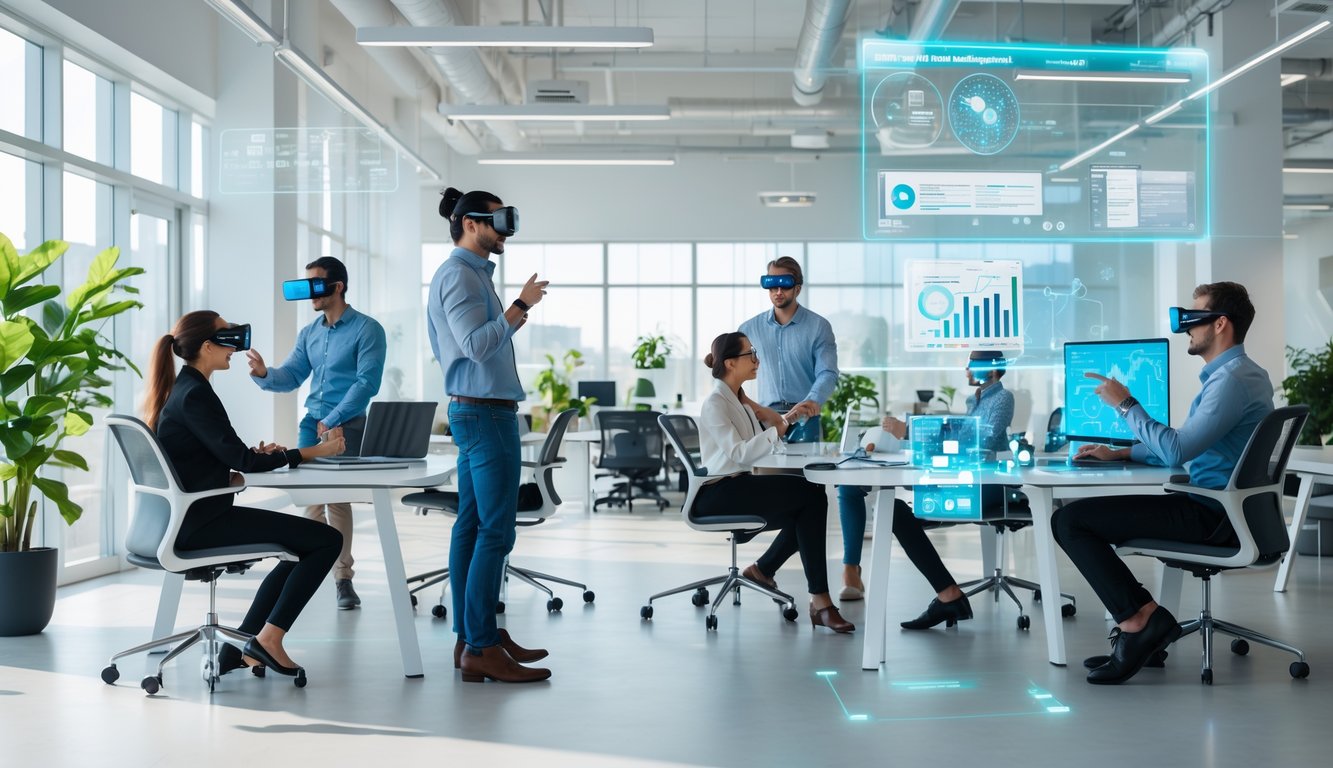 A modern coworking space where people use virtual reality and augmented reality devices while working together in a bright, open office.