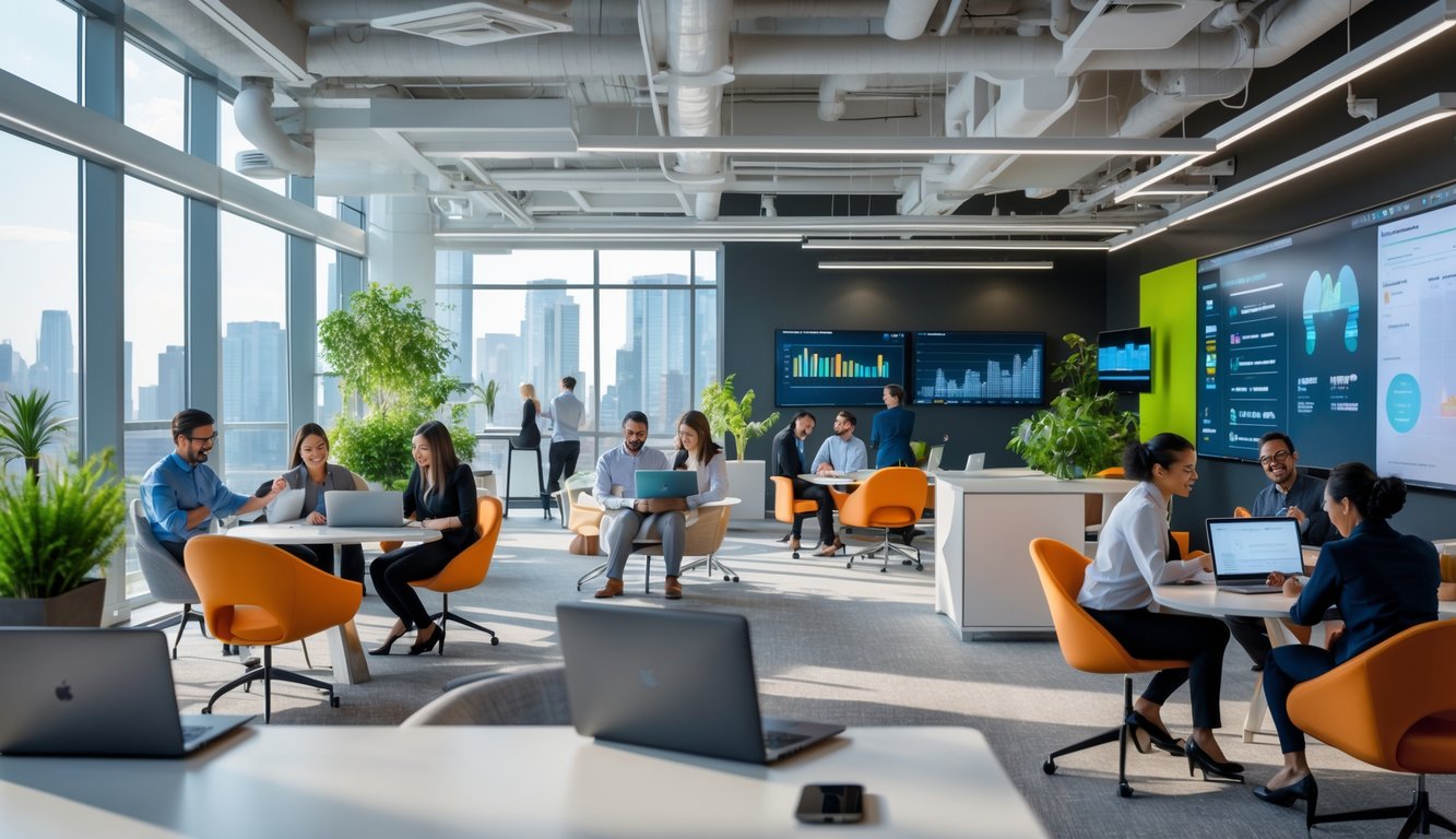 A bright coworking space where diverse professionals work with laptops and smart devices, surrounded by modern furniture and large windows showing a cityscape.