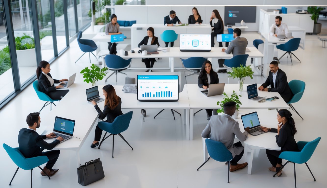 A bright coworking space with people working and collaborating, featuring modern furniture and digital screens displaying data.