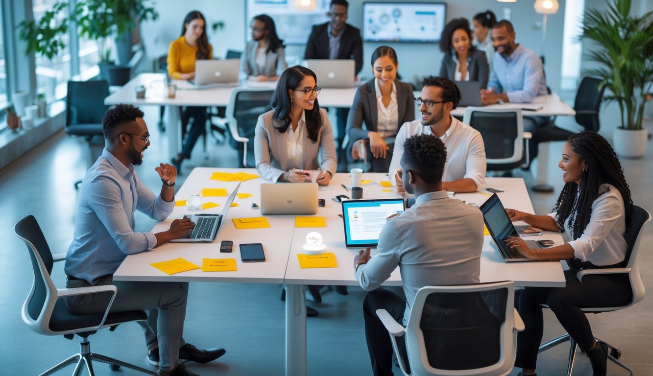 A diverse group of people working and collaborating in a modern coworking space with laptops and digital devices.