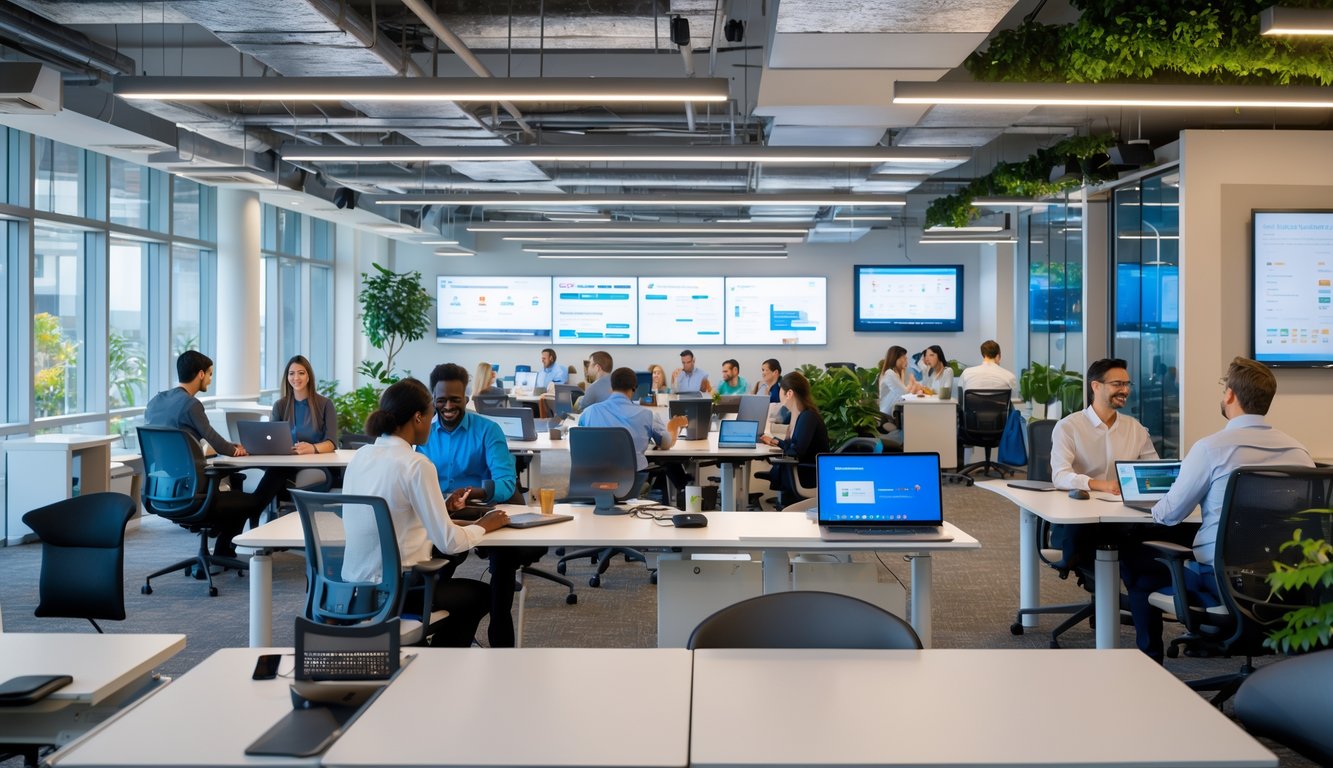 A modern coworking space with people working on laptops and digital devices in a bright, open office with large windows and contemporary furniture.