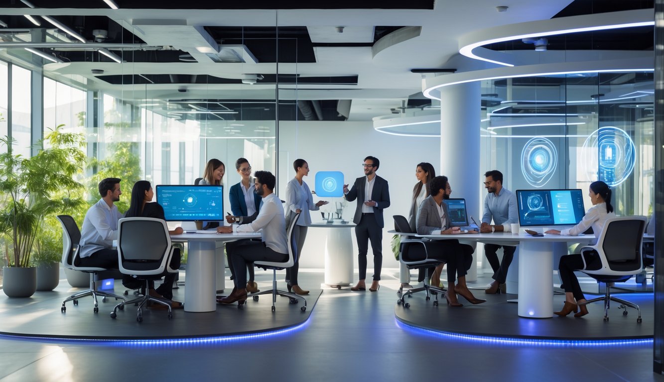 A bright coworking space with diverse professionals working together using advanced technology and AI-powered devices.