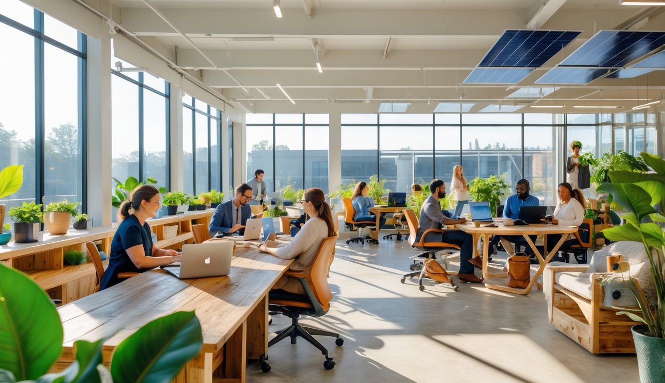 A modern coworking space with large windows, green plants, eco-friendly furniture, and people working together in a bright room.