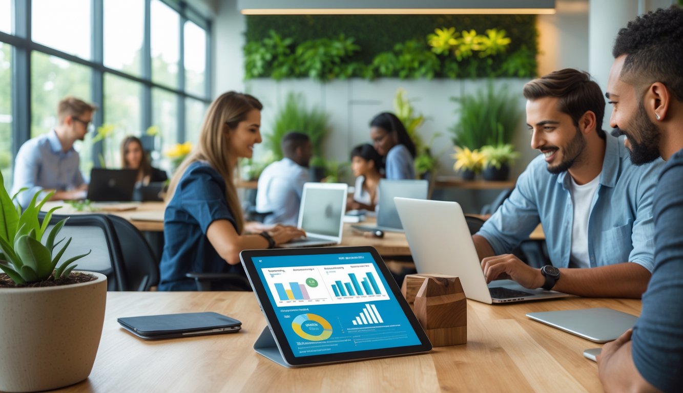 People working together in a bright coworking space with plants and eco-friendly features, one person reviewing charts on a tablet.