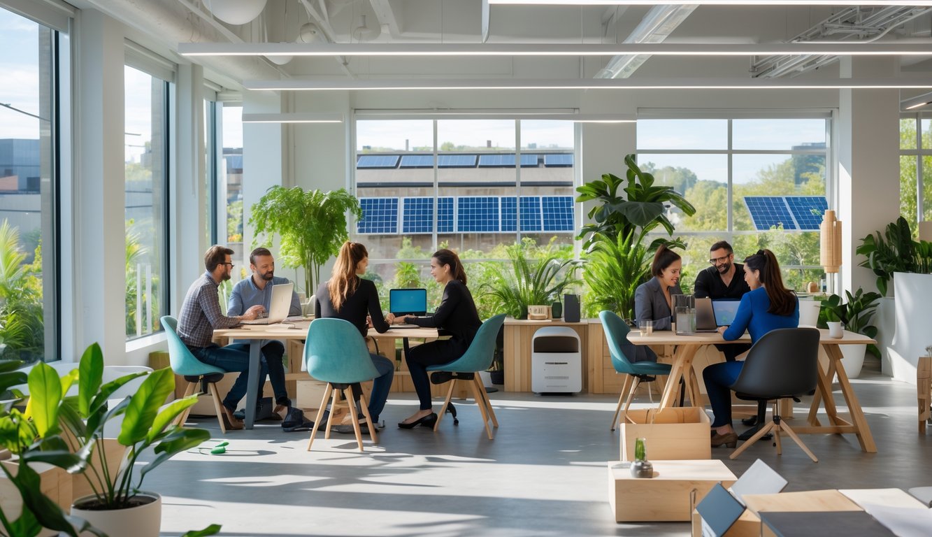 People working together in a bright coworking space with plants, large windows, and eco-friendly office furniture.