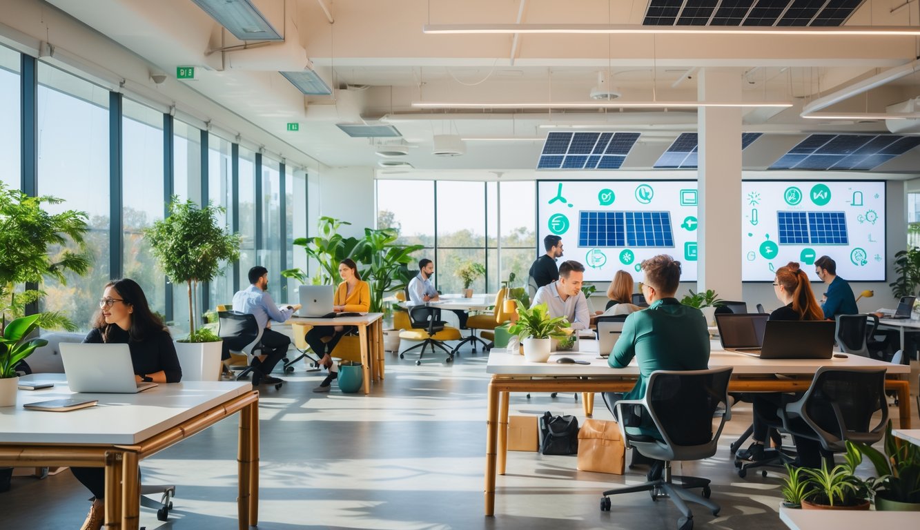 A modern coworking space with people working at desks surrounded by plants and large windows showing solar panels on the roof.