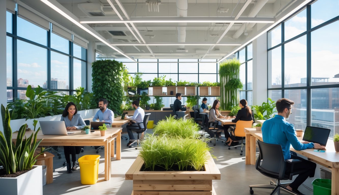 A bright coworking office with people working at eco-friendly desks surrounded by green plants and recycling bins.