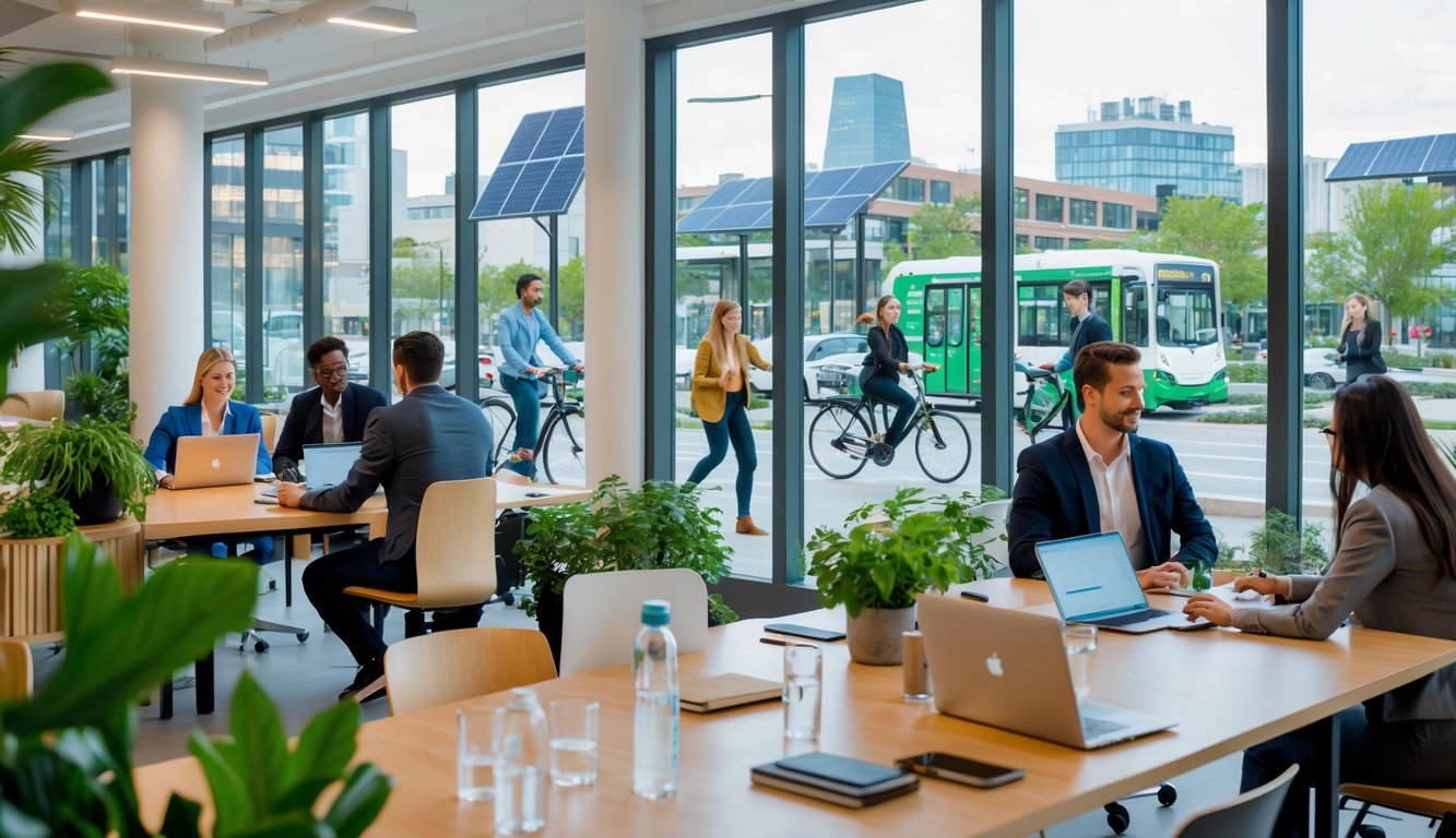 People working in a bright coworking space with plants and eco-friendly furniture, with a city view showing people commuting by bicycles and electric vehicles.